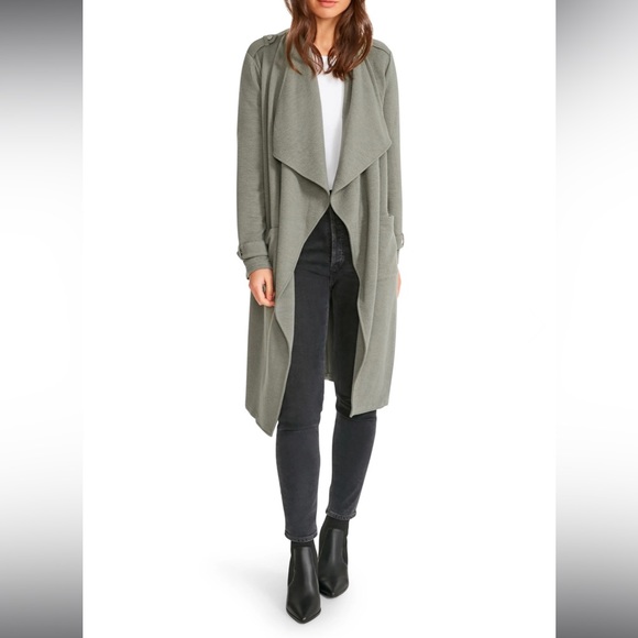 BB DAKOTA TRENCH REVOLUTION WATERFALL LAPEL KNIT COAT IN ARMY GREEN - Picture 1 of 7